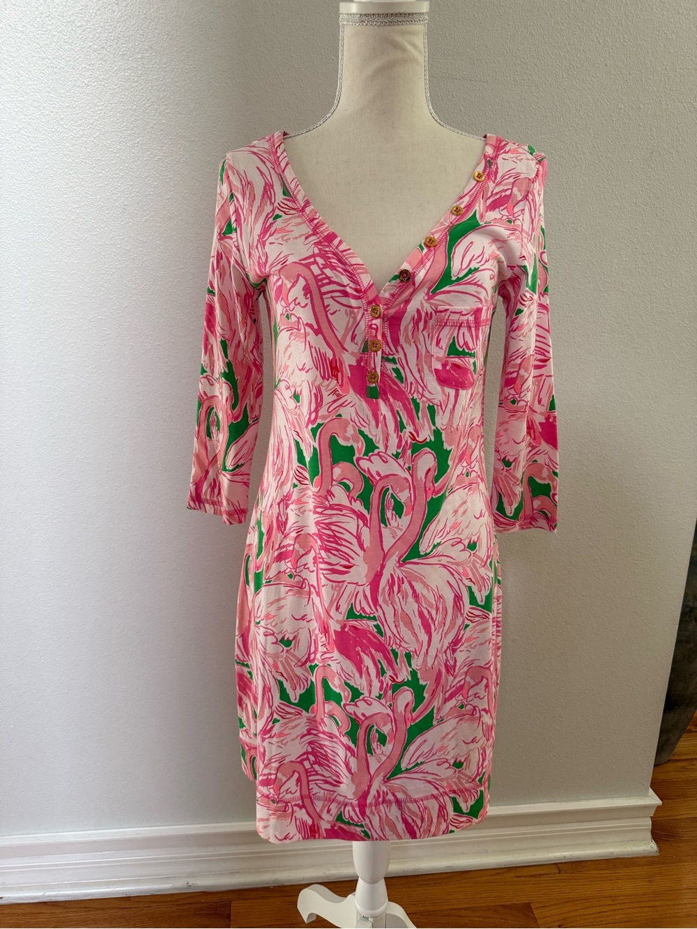 Lilly Pulitzer Pink & Green Palmetto Print Dress with Gold Buttons NWT